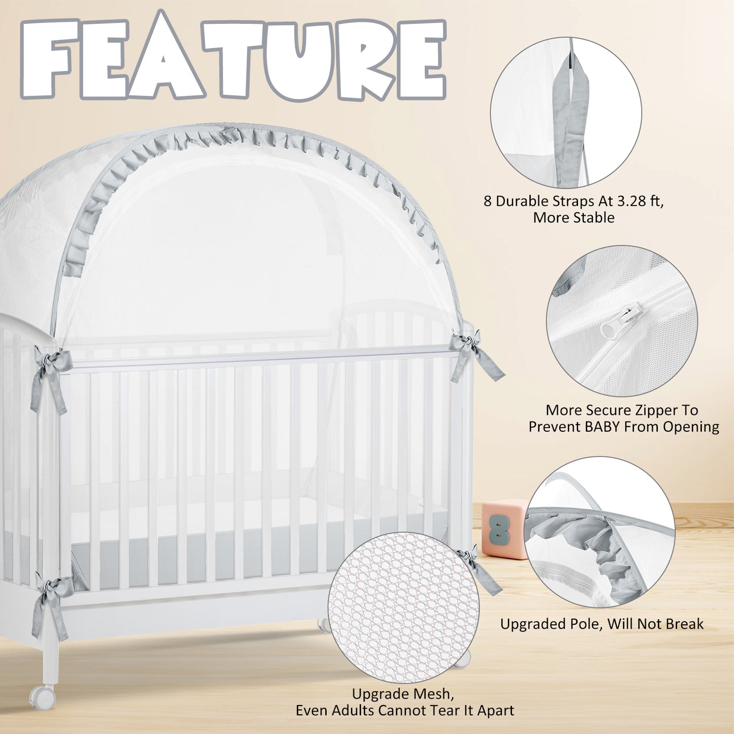 YAVIL Crib Tent, Baby Crib Tent to Keep Baby from Climbing Out, Pop Up Crib Net to Keep Baby in with Breathable Mesh & Stable Structure（Gray）